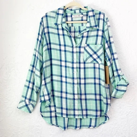Billy T Lyocell Green & Blue Plaid Relaxed Flannel Sz Large - Picture 2 of 15